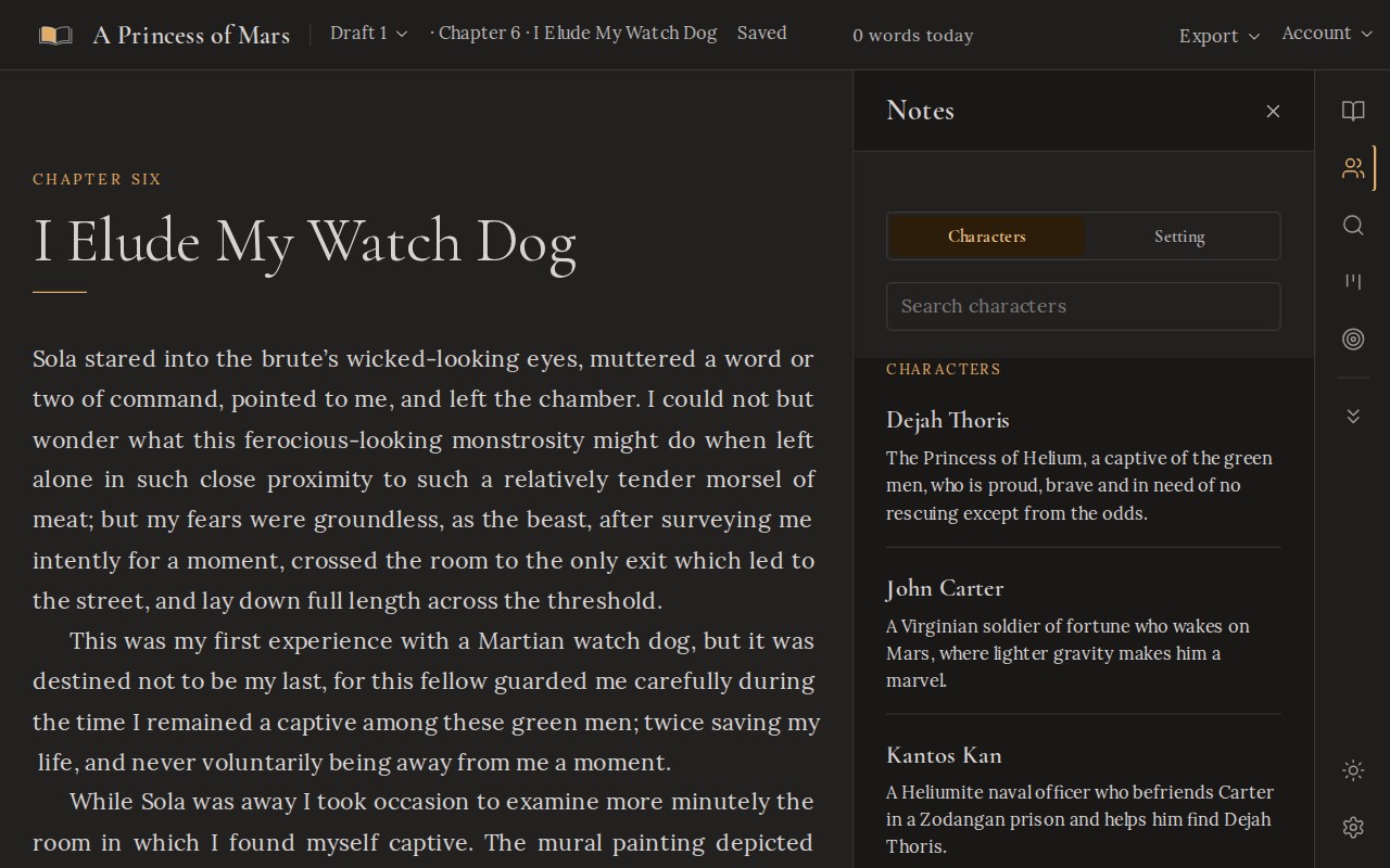 The Characters tab in dark mode beside Chapter 6 of A Princess of Mars, listing Dejah Thoris, John Carter and Kantos Kan with a line on each.