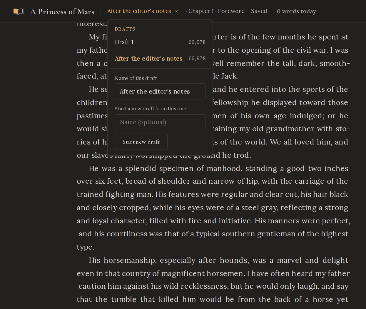 The draft menu open in dark mode, listing Draft 1 and a second draft named After the editor's notes, with a box to start another.