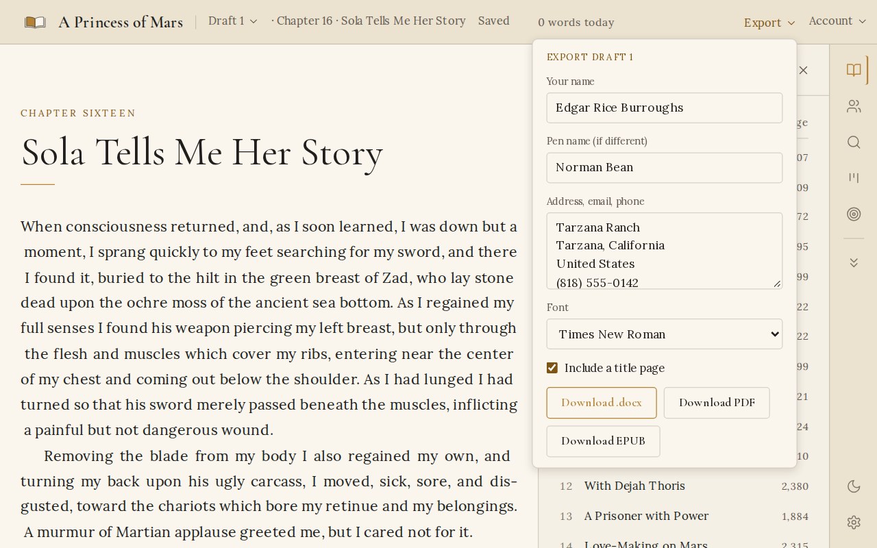 The Export menu open over the writing desk, with name, pen name, contact and font fields and download buttons.