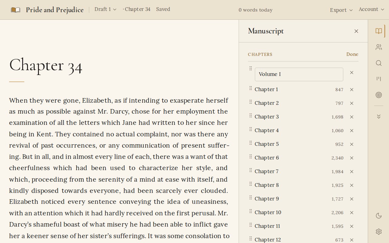 The chapter list in Arrange mode beside Chapter 34 of Pride and Prejudice, with a part title at the top.
