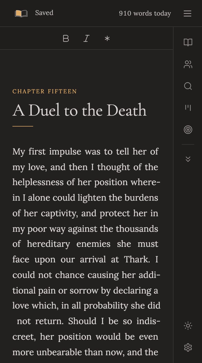 The writing desk on a phone in dark mode, open at Chapter Fifteen of A Princess of Mars, A Duel to the Death, with a bold, italic and scene break toolbar above the text.